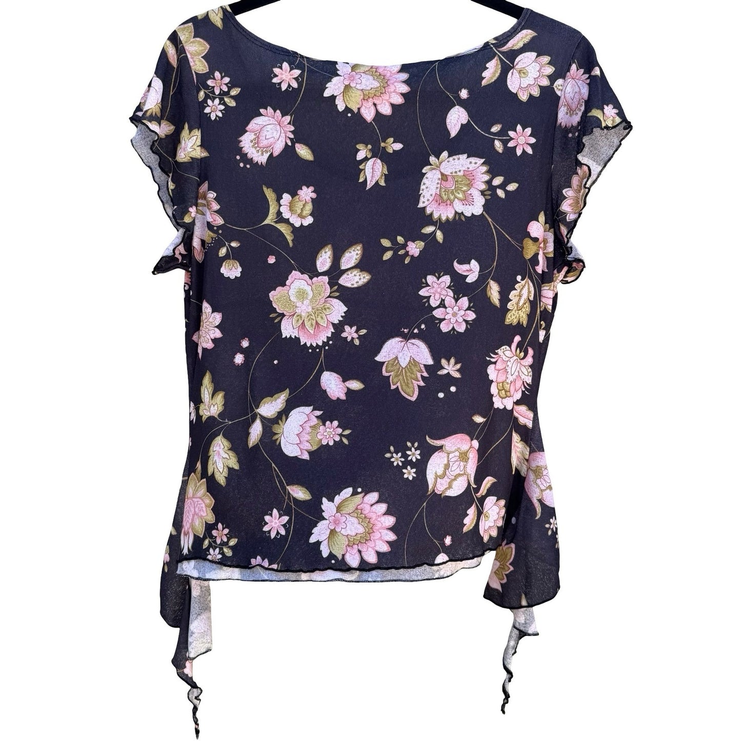 Vintage Y2K Floral Mesh Flutter Sleeve Tie Front Asymmetrical Fairycore Top