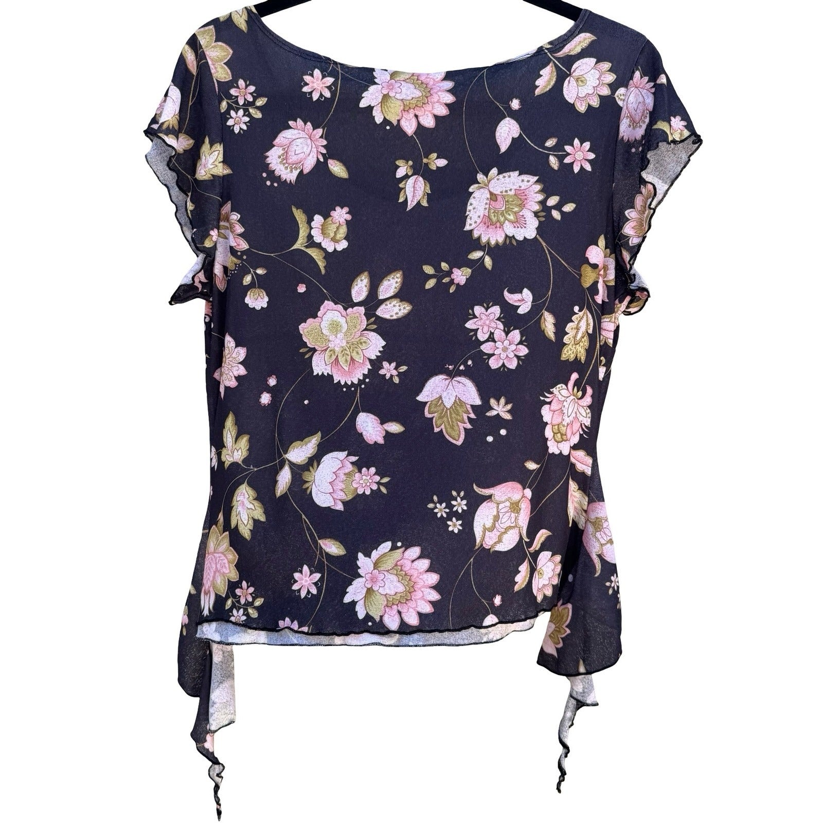 Vintage Y2K Floral Mesh Flutter Sleeve Tie Front Asymmetrical Fairycore Top