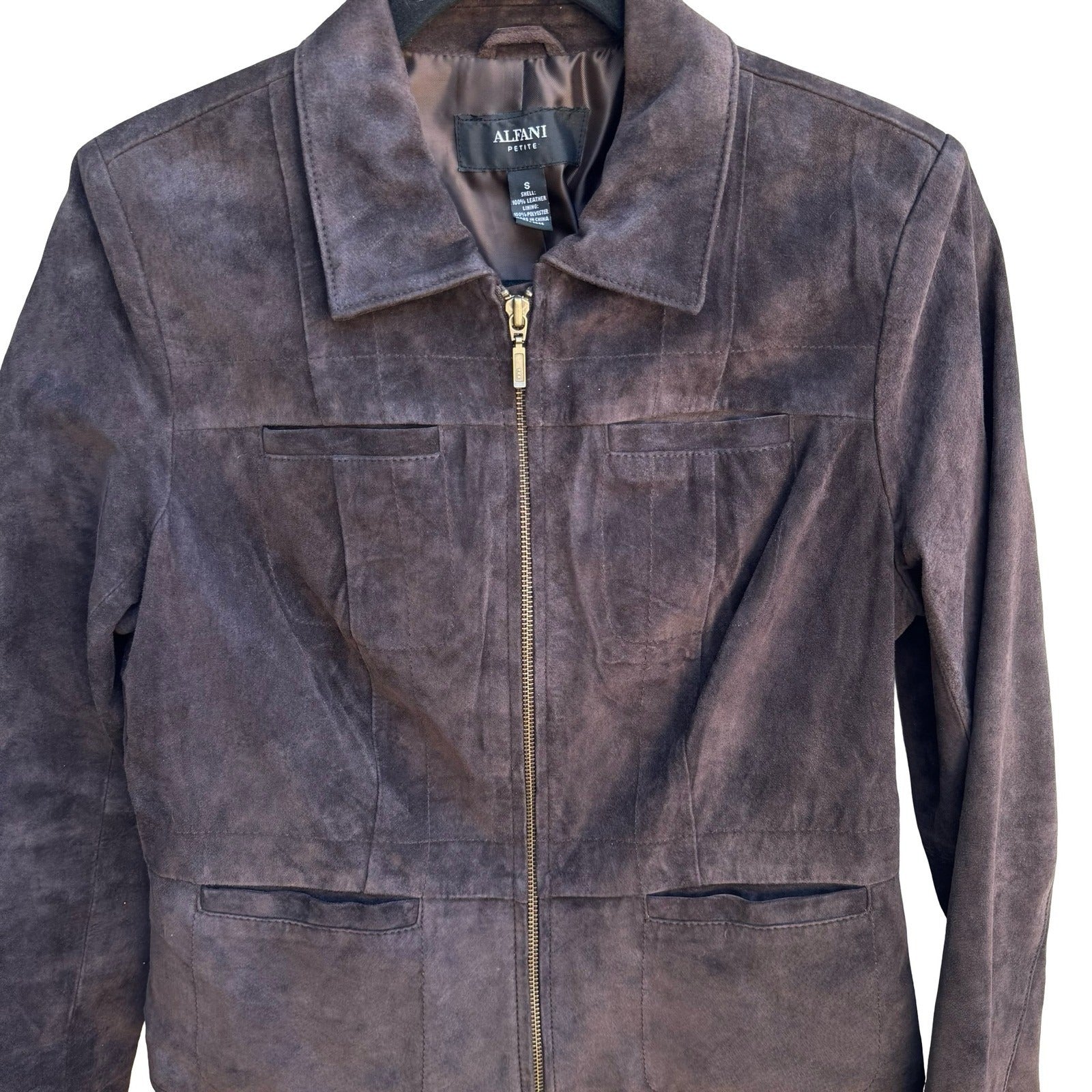 Alfani Suede Leather Minimalist Dark Academia Quiet Luxury Moto Jacket Brown S