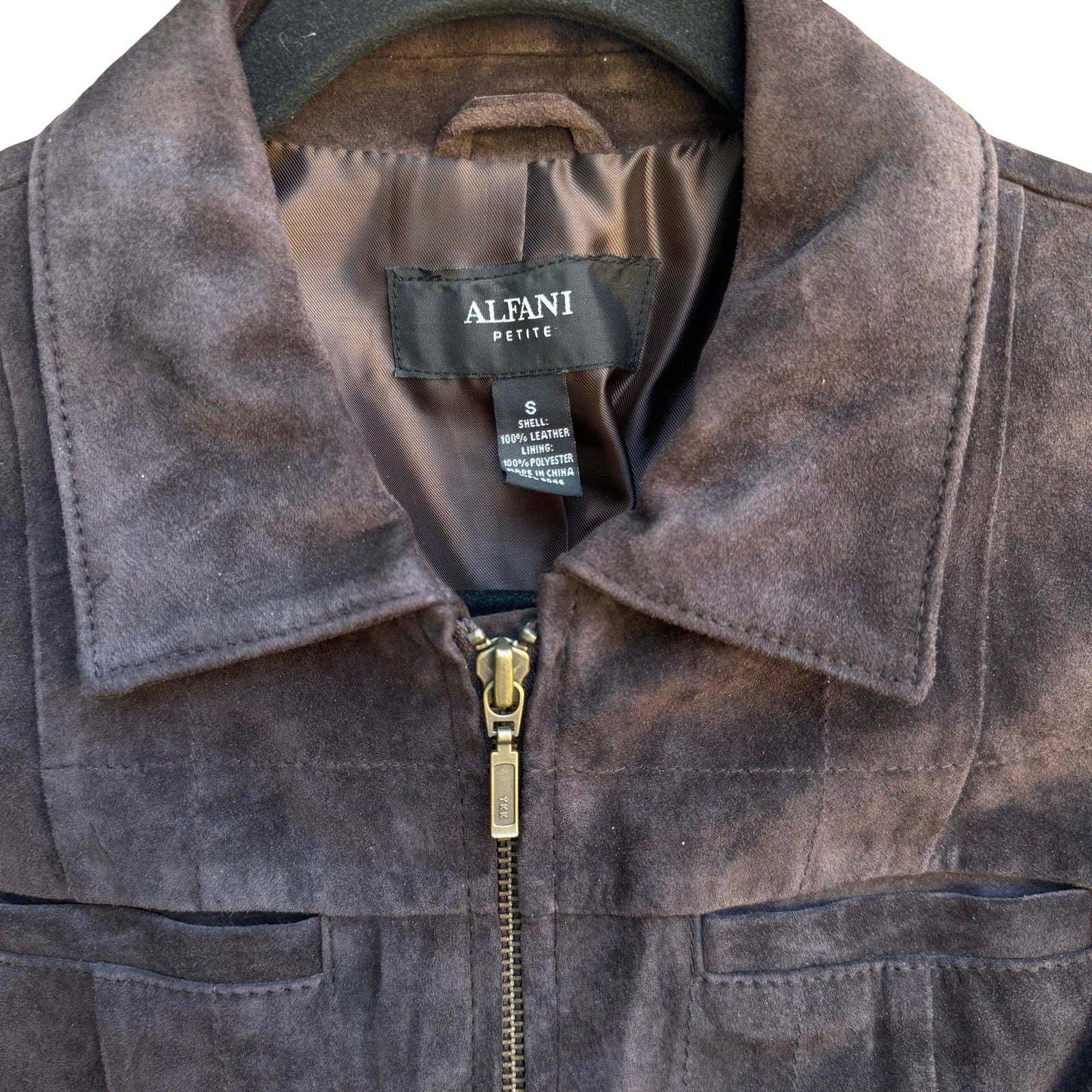 Alfani Suede Leather Minimalist Dark Academia Quiet Luxury Moto Jacket Brown S