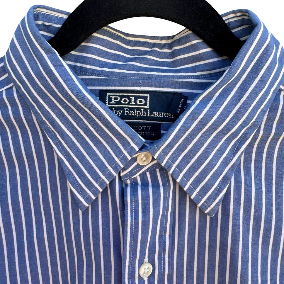 Polo Ralph Lauren Alcott Vintage 90s Preppy Old Money Blue Striped Shirt 17.5