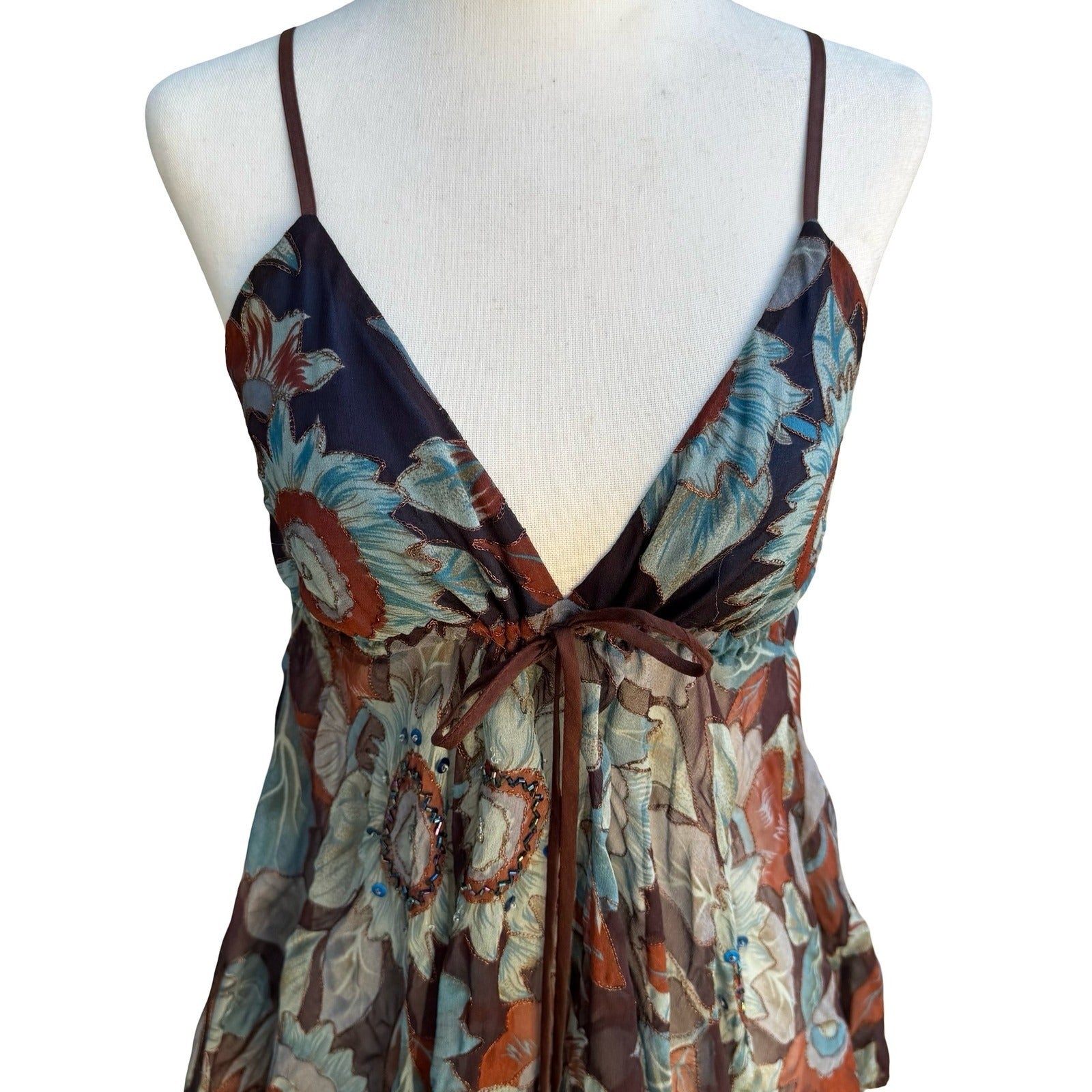 Anna Paul Y2K Silk Boho Fairycore Beaded Floral Handkerchief Hem Camisole Top S