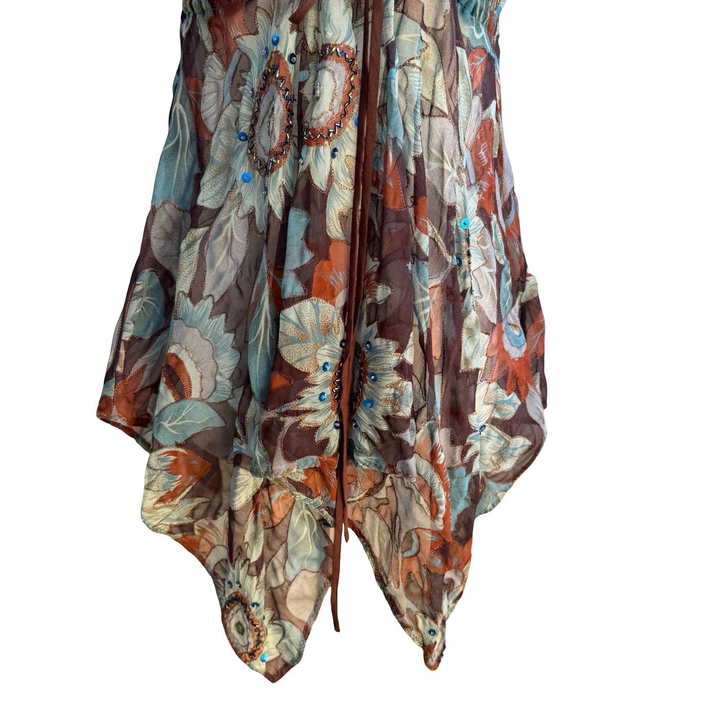 Anna Paul Y2K Silk Boho Fairycore Beaded Floral Handkerchief Hem Camisole Top S