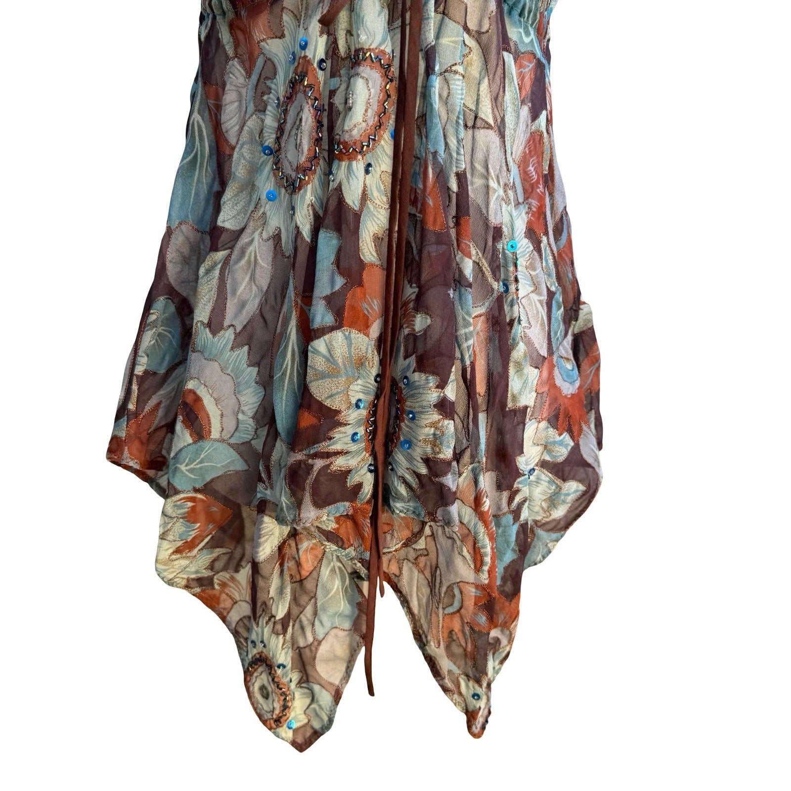 Anna Paul Y2K Silk Boho Fairycore Beaded Floral Handkerchief Hem Camisole Top S