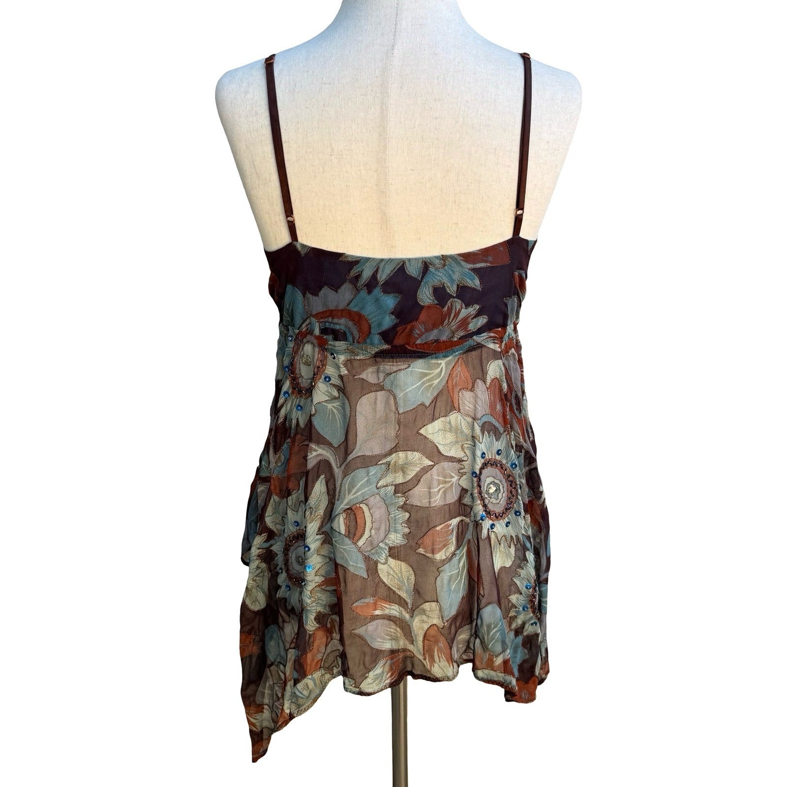 Anna Paul Y2K Silk Boho Fairycore Beaded Floral Handkerchief Hem Camisole Top S