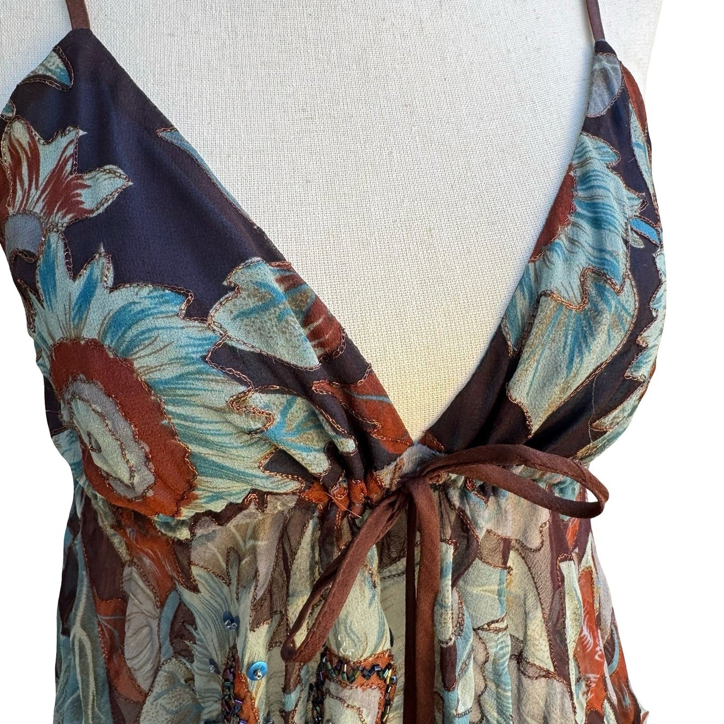 Anna Paul Y2K Silk Boho Fairycore Beaded Floral Handkerchief Hem Camisole Top S