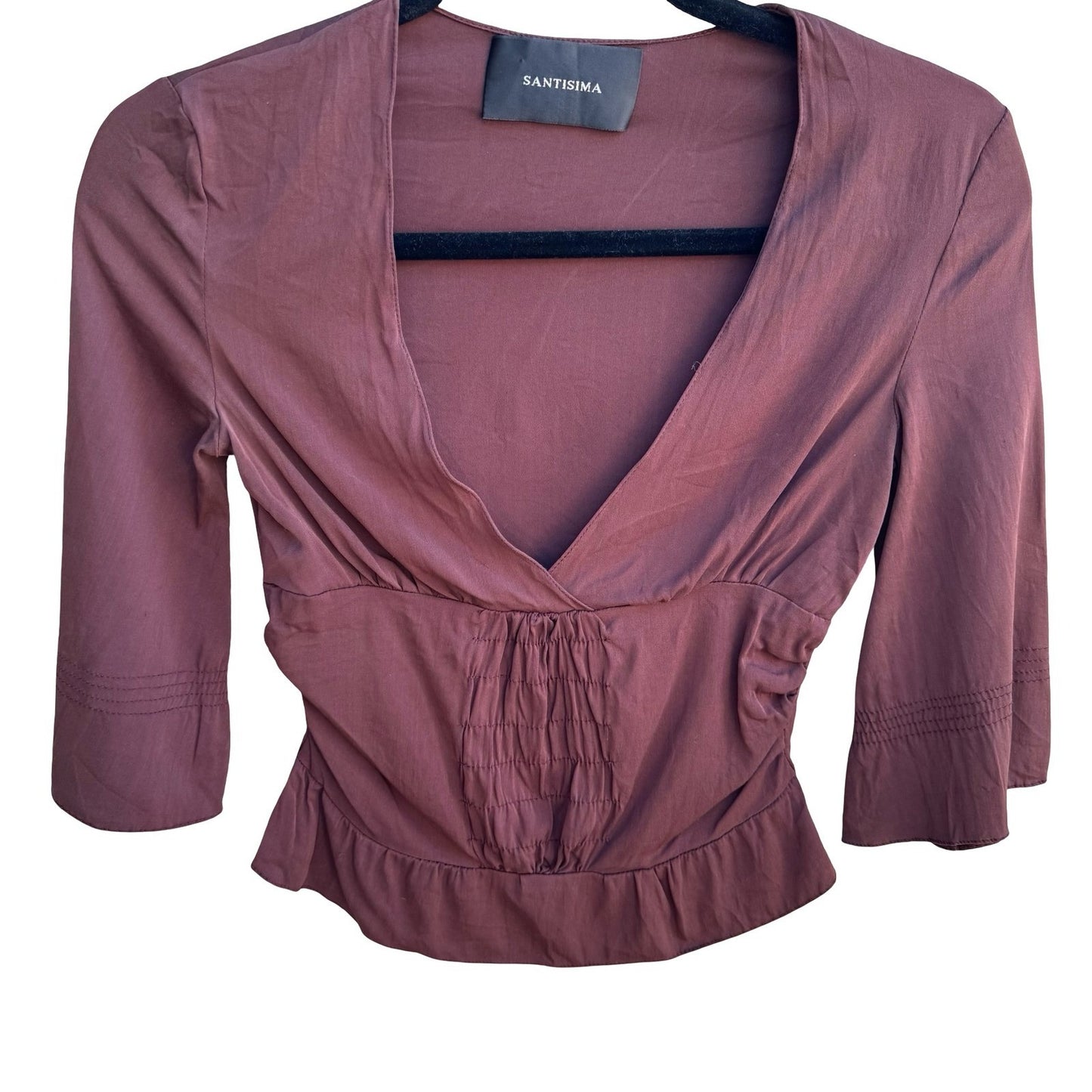 SANTISIMA Y2K Silk Boho Whimsigoth Smocked Peplum 3/4 Bell Sleeve Blouse Brown
