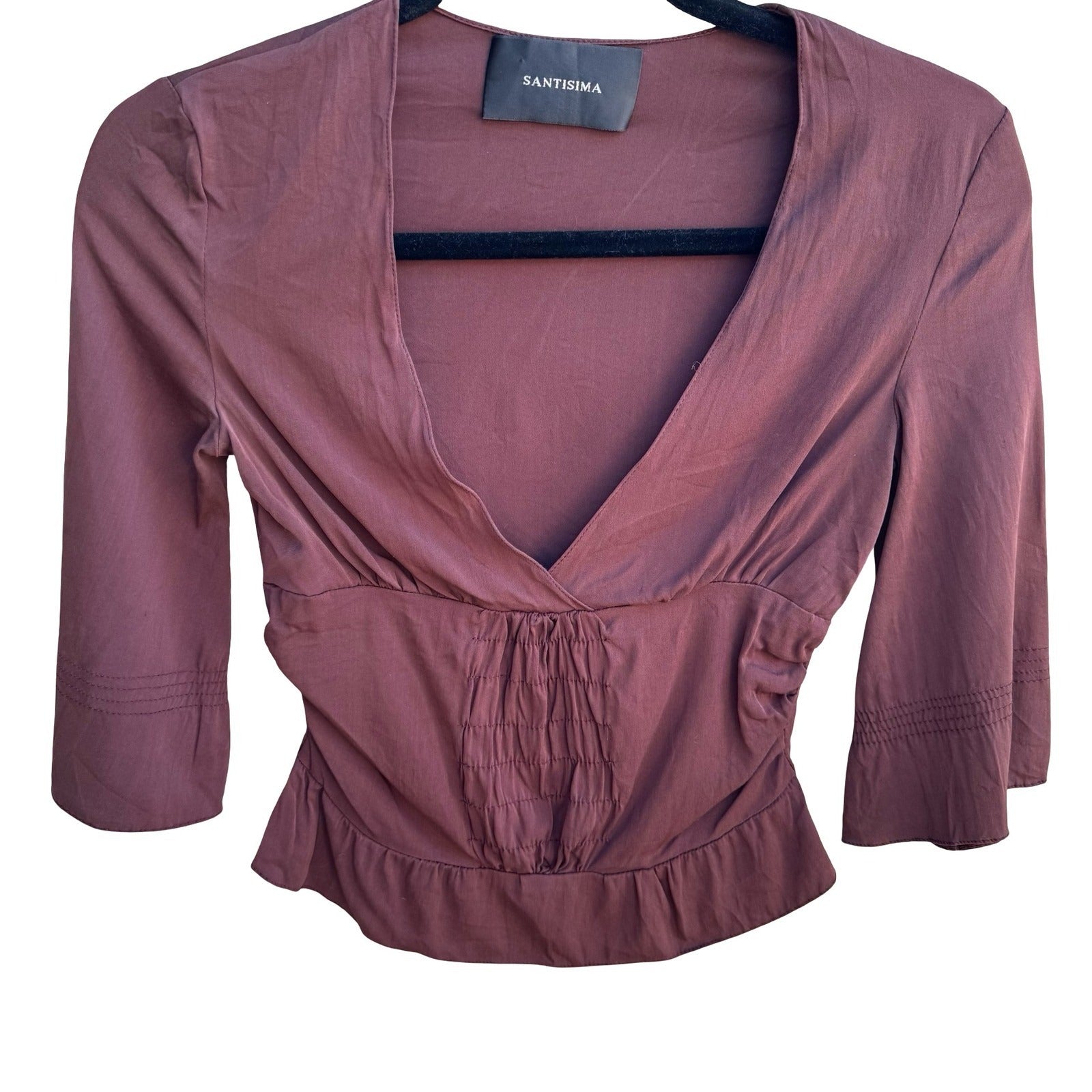 SANTISIMA Y2K Silk Boho Whimsigoth Smocked Peplum 3/4 Bell Sleeve Blouse Brown