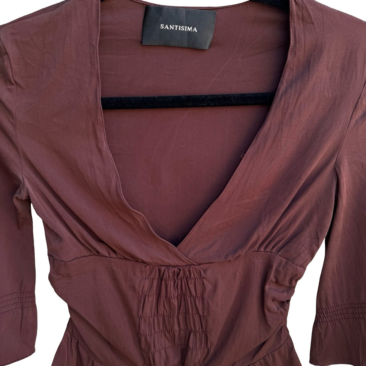 SANTISIMA Y2K Silk Boho Whimsigoth Smocked Peplum 3/4 Bell Sleeve Blouse Brown
