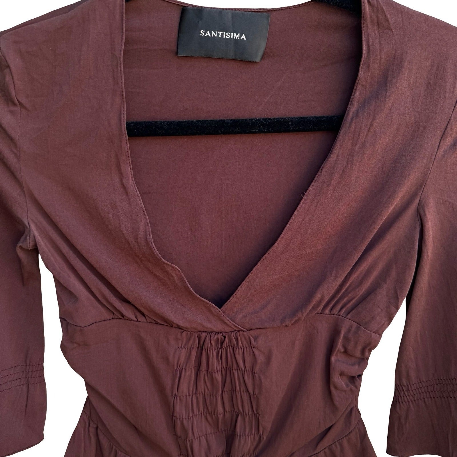 SANTISIMA Y2K Silk Boho Whimsigoth Smocked Peplum 3/4 Bell Sleeve Blouse Brown