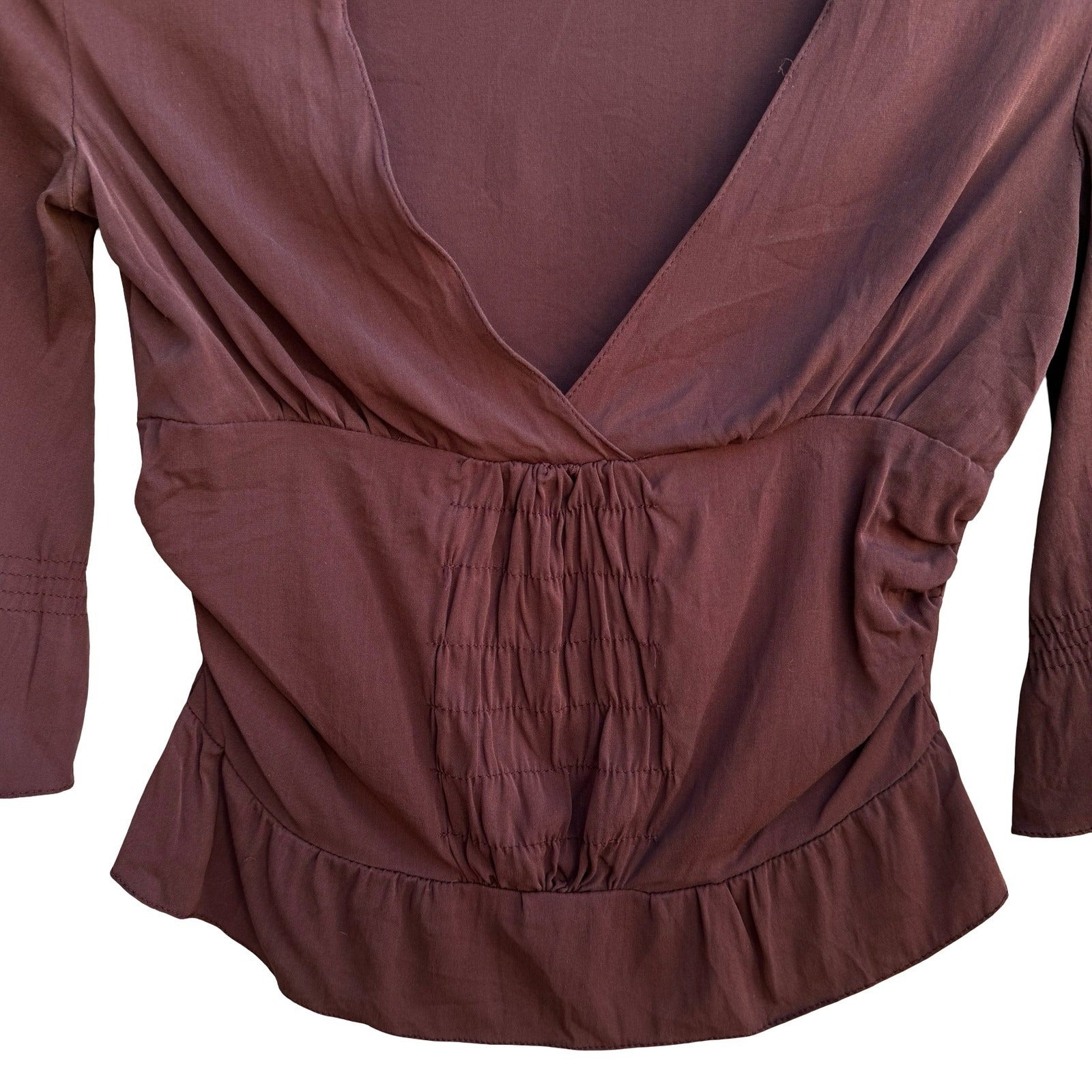 SANTISIMA Y2K Silk Boho Whimsigoth Smocked Peplum 3/4 Bell Sleeve Blouse Brown