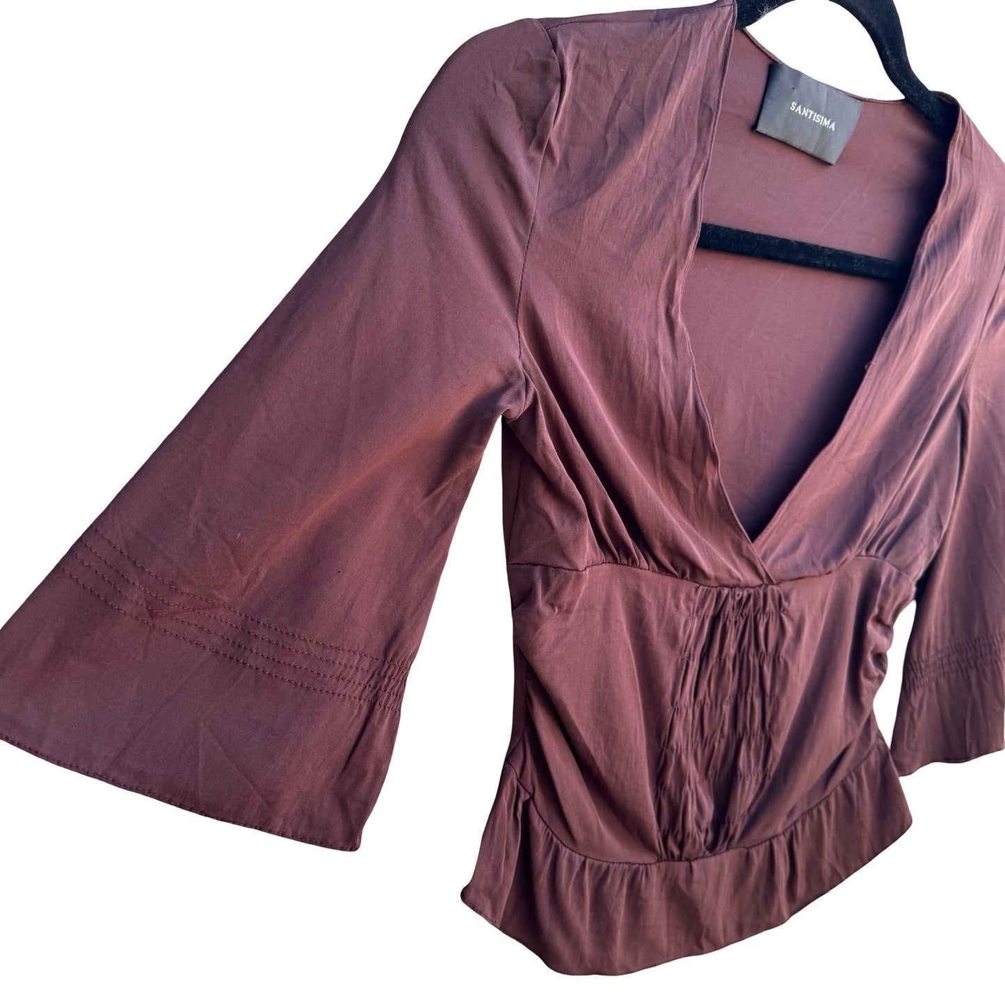 SANTISIMA Y2K Silk Boho Whimsigoth Smocked Peplum 3/4 Bell Sleeve Blouse Brown