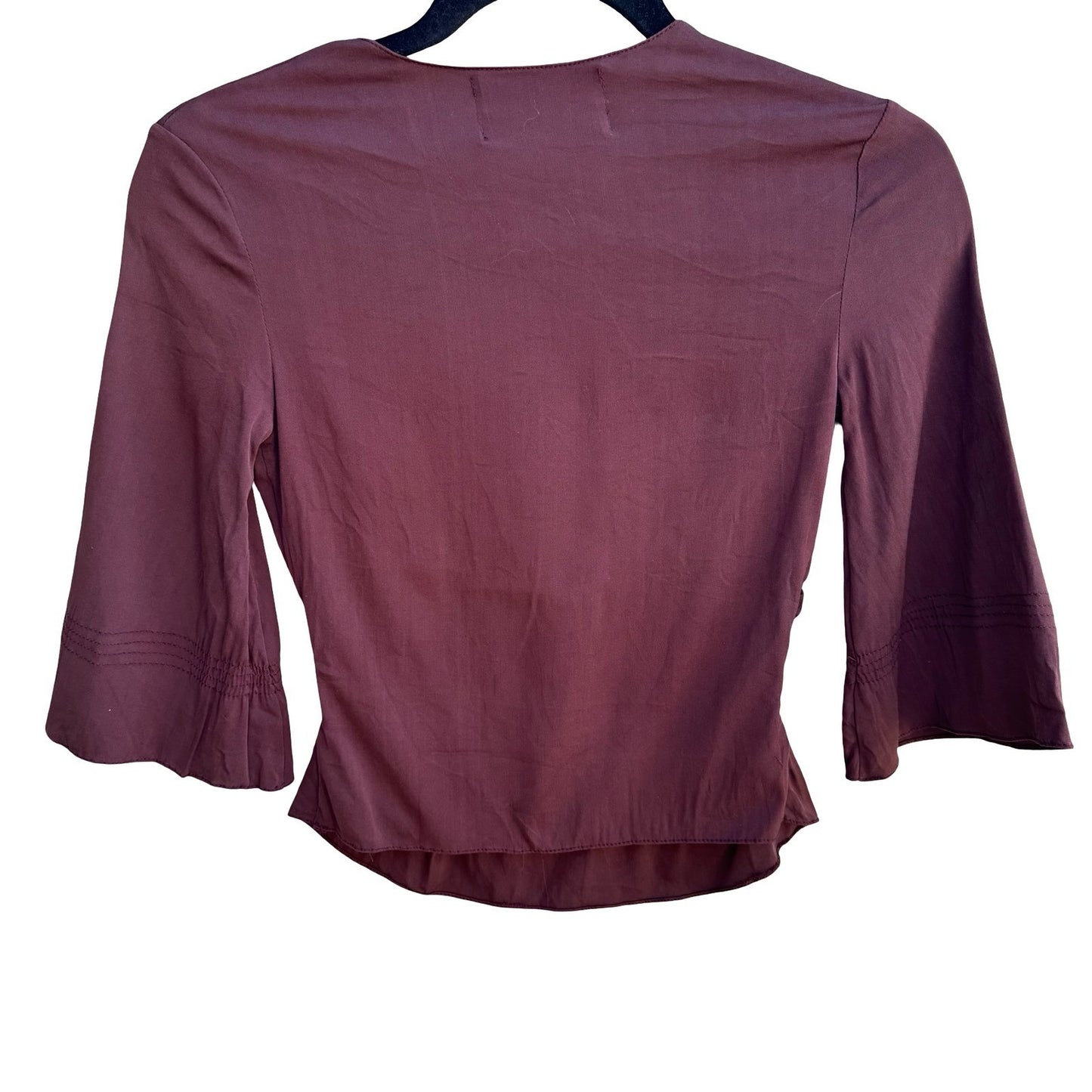 SANTISIMA Y2K Silk Boho Whimsigoth Smocked Peplum 3/4 Bell Sleeve Blouse Brown