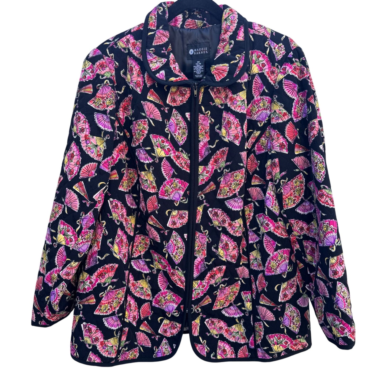 Maggie Barnes Vintage Womens Quilted Fan Print Black Pink Floral Jacket 0X 14/16