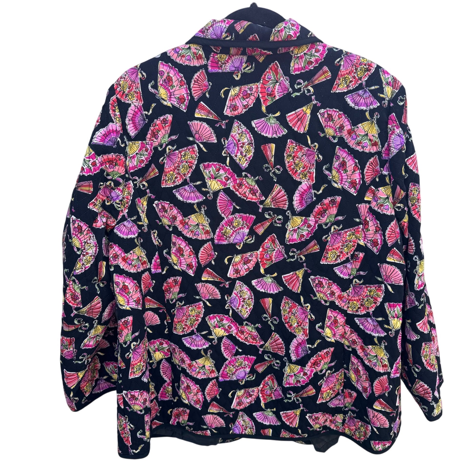 Maggie Barnes Vintage Womens Quilted Fan Print Black Pink Floral Jacket 0X 14/16