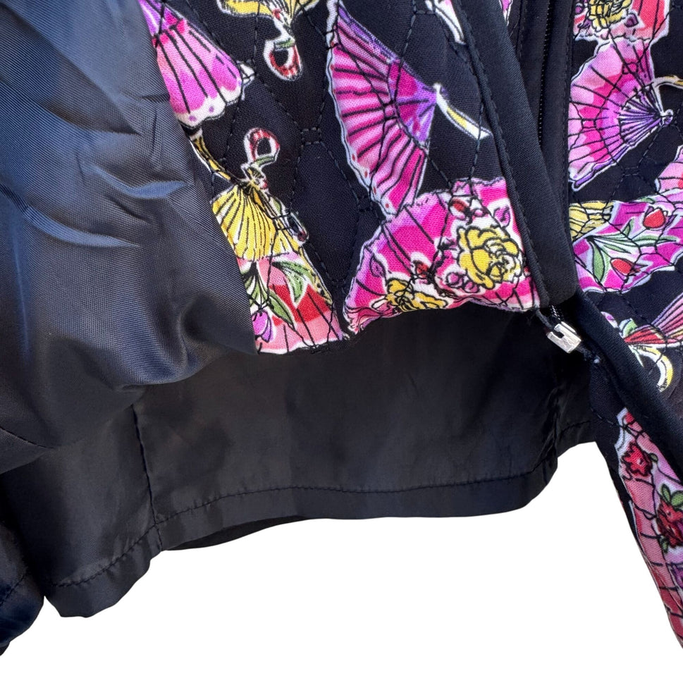 Maggie Barnes Vintage Womens Quilted Fan Print Black Pink Floral Jacket 0X 14/16