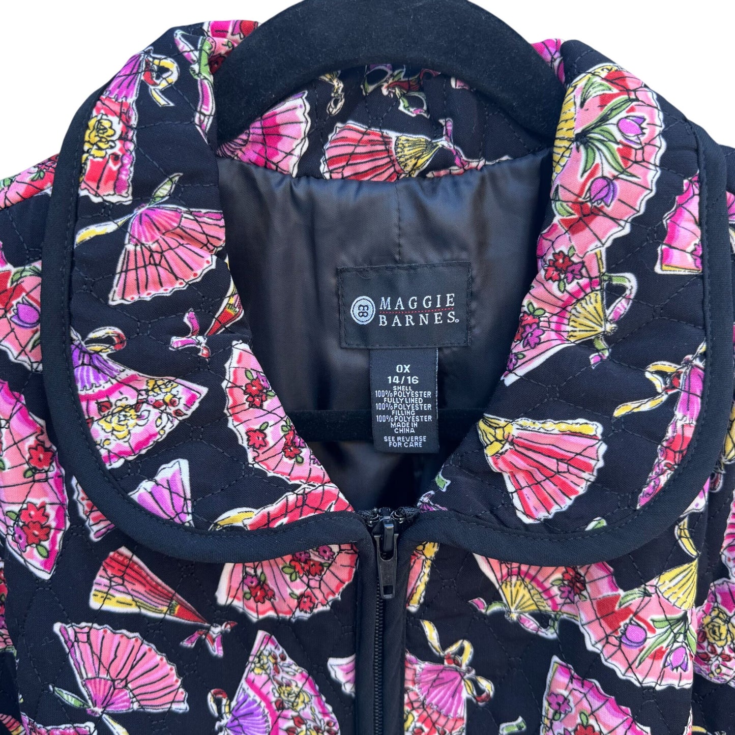Maggie Barnes Vintage Womens Quilted Fan Print Black Pink Floral Jacket 0X 14/16