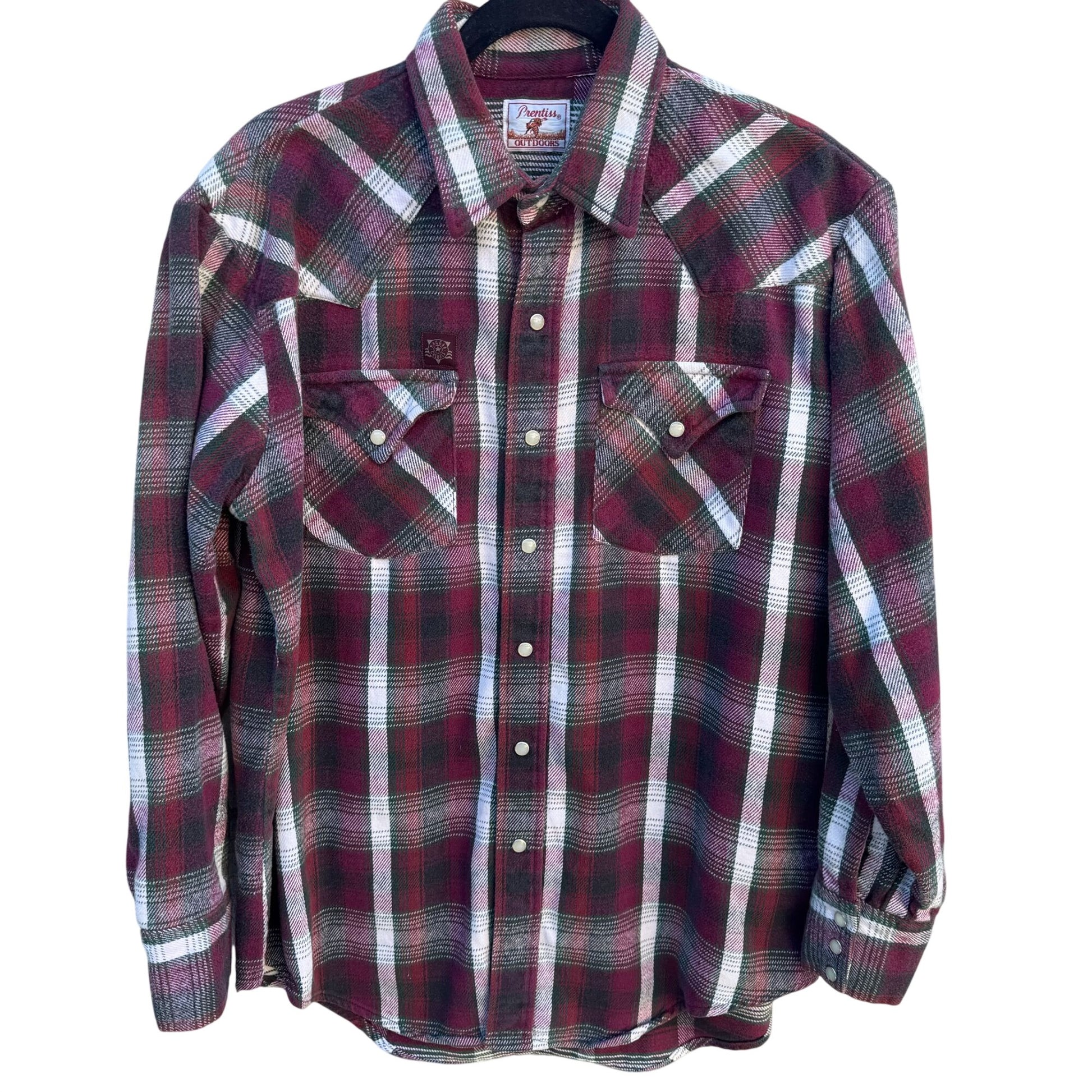 Prentiss Outdoors Vintage 80s Mens Western Plaid Heavy Flannel Shirt Pearl Snap