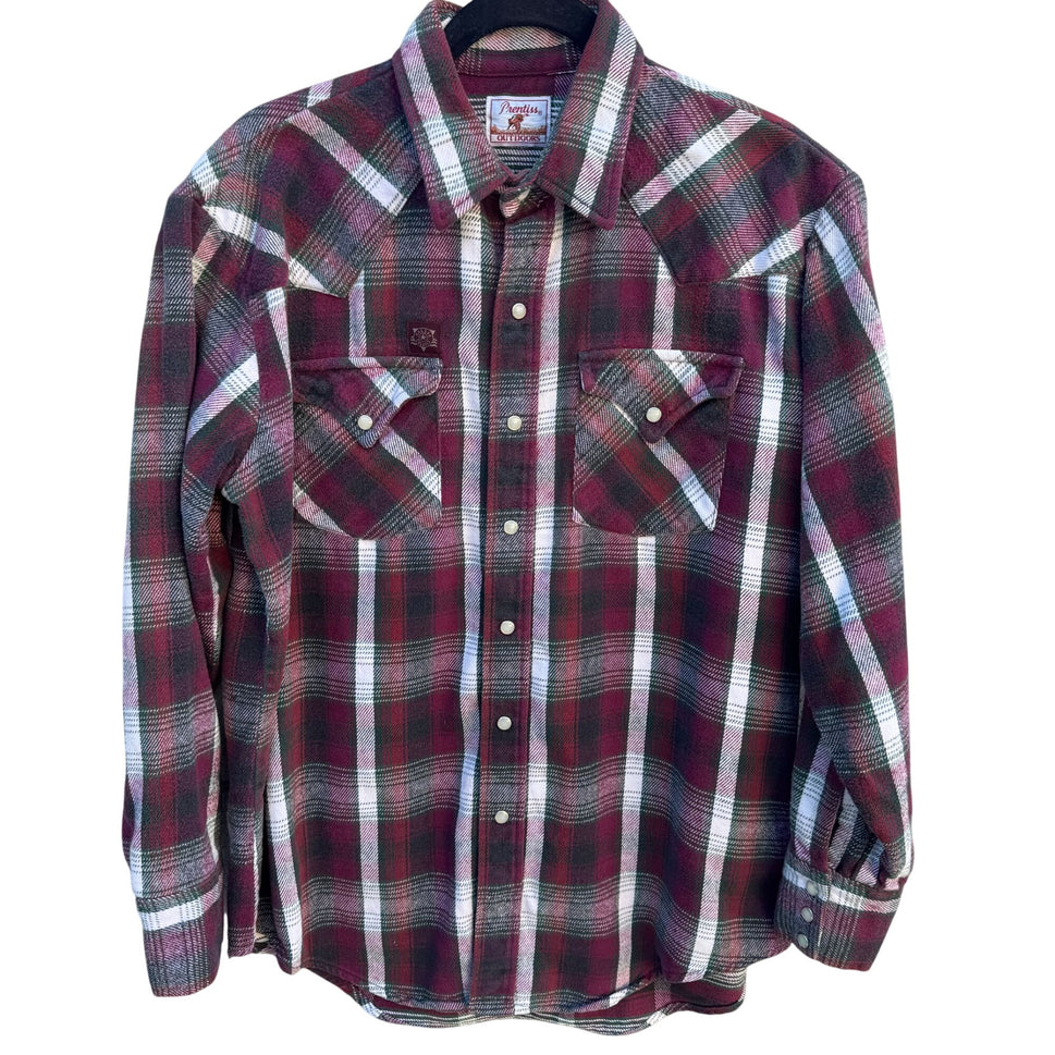 Prentiss Outdoors Vintage 80s Mens Western Plaid Heavy Flannel Shirt Pearl Snap