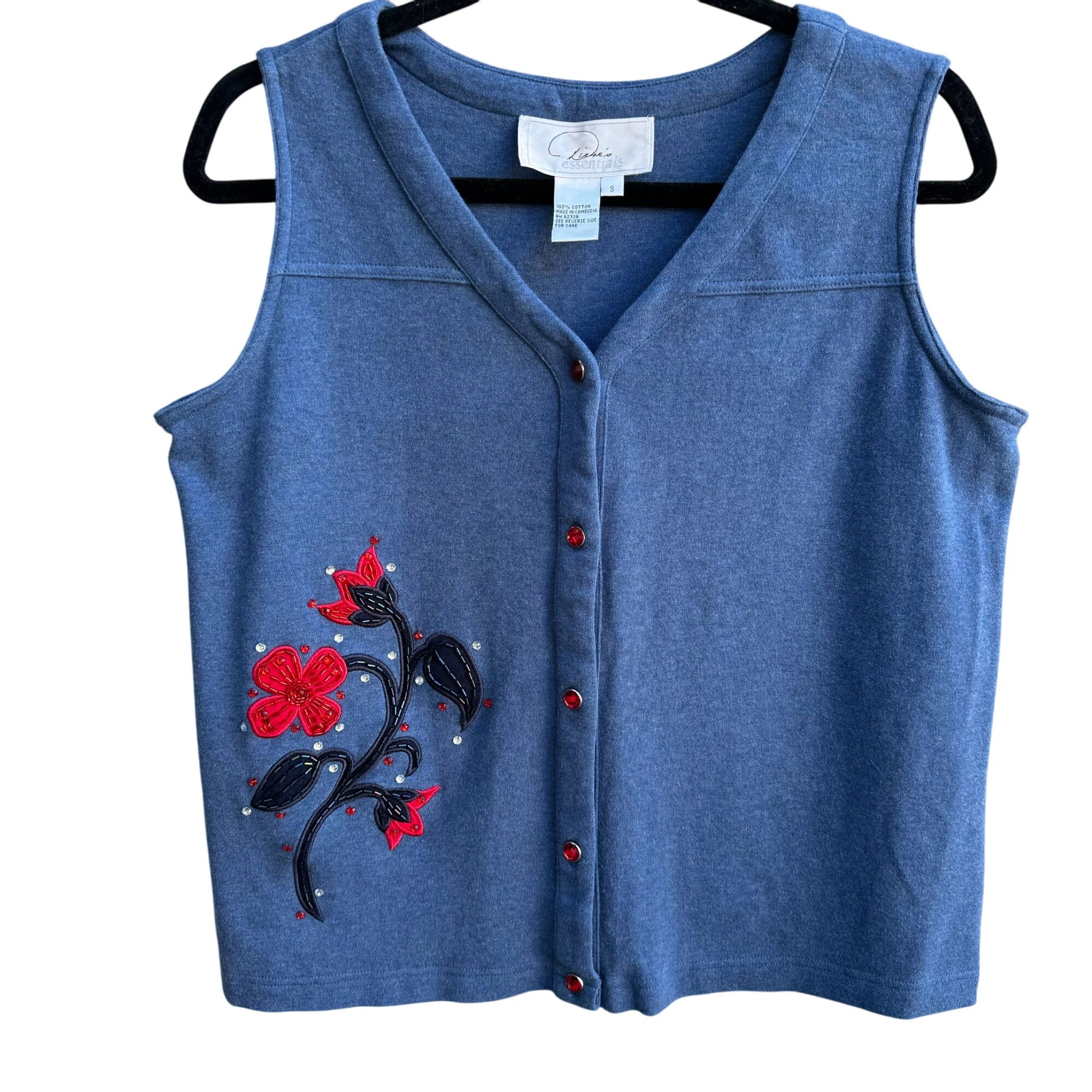 Dianas Essentials Retro Blue Sleeveless Red Floral Design Embroidered Vest Small