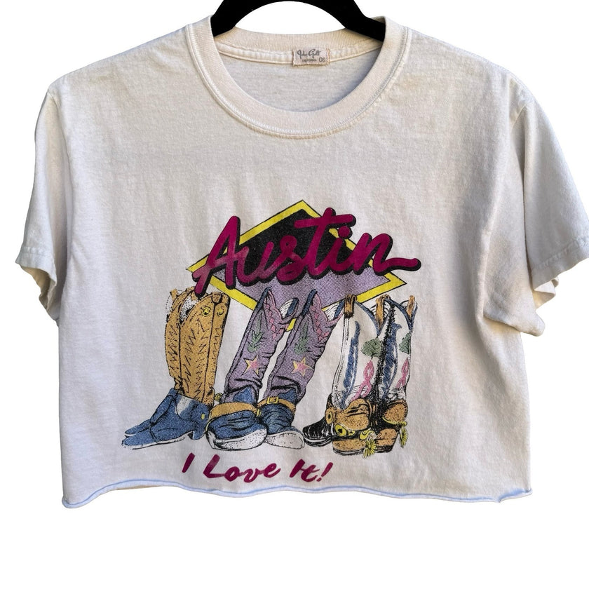 John Galt Brandy Melville Austin Texas Cowboy Boots Graphic Crop Top White OS