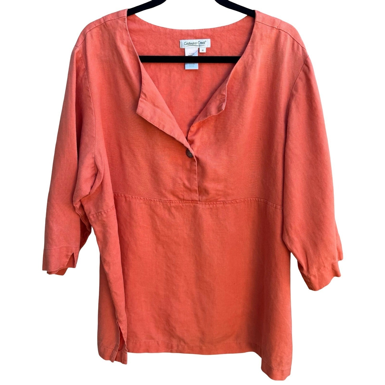 Coldwater Creek Linen Coastal Lagenlook Resortwear 3/4 Sleeve Tunic Top Coral 1X