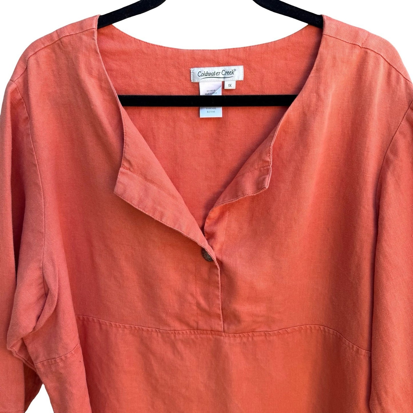 Coldwater Creek Linen Coastal Lagenlook Resortwear 3/4 Sleeve Tunic Top Coral 1X