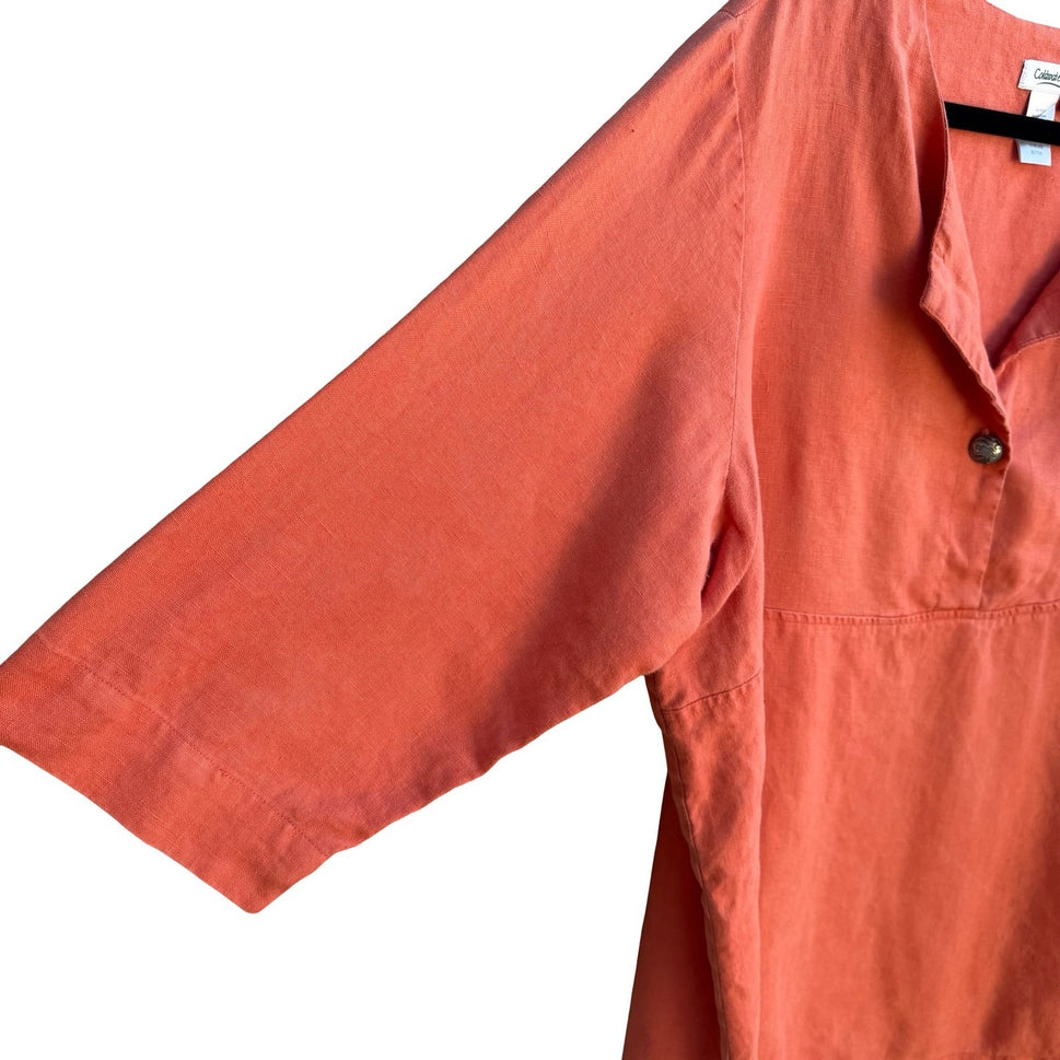 Coldwater Creek Linen Coastal Lagenlook Resortwear 3/4 Sleeve Tunic Top Coral 1X