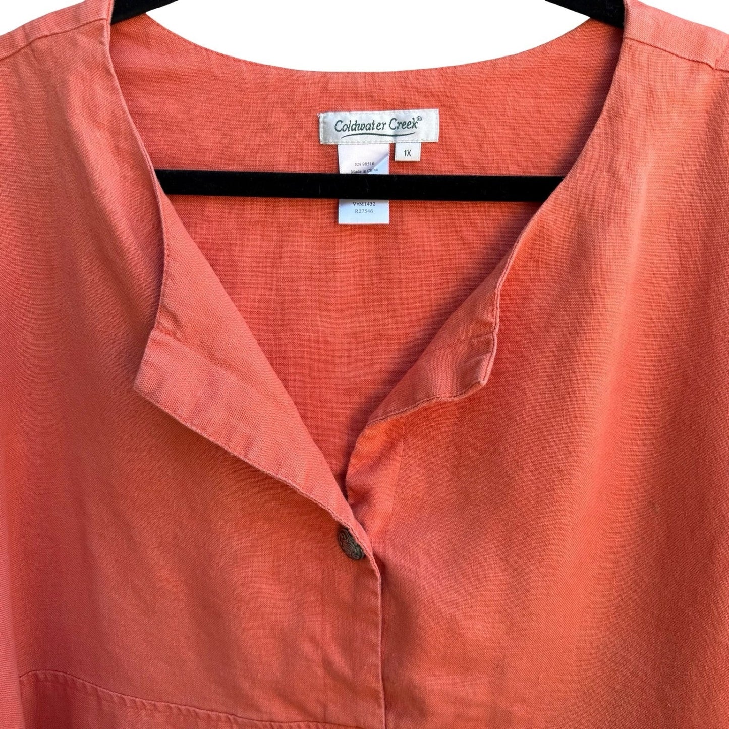 Coldwater Creek Linen Coastal Lagenlook Resortwear 3/4 Sleeve Tunic Top Coral 1X
