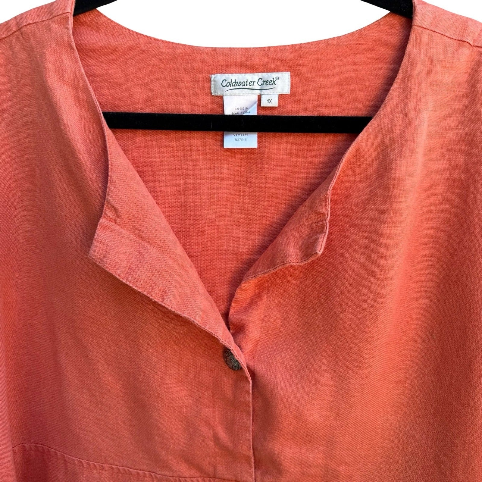Coldwater Creek Linen Coastal Lagenlook Resortwear 3/4 Sleeve Tunic Top Coral 1X