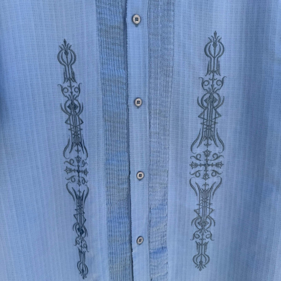 Cubavera Mens L Blue Embroidered Pintuck Guayabera Coastal Camp Shirt Aloha Cuba