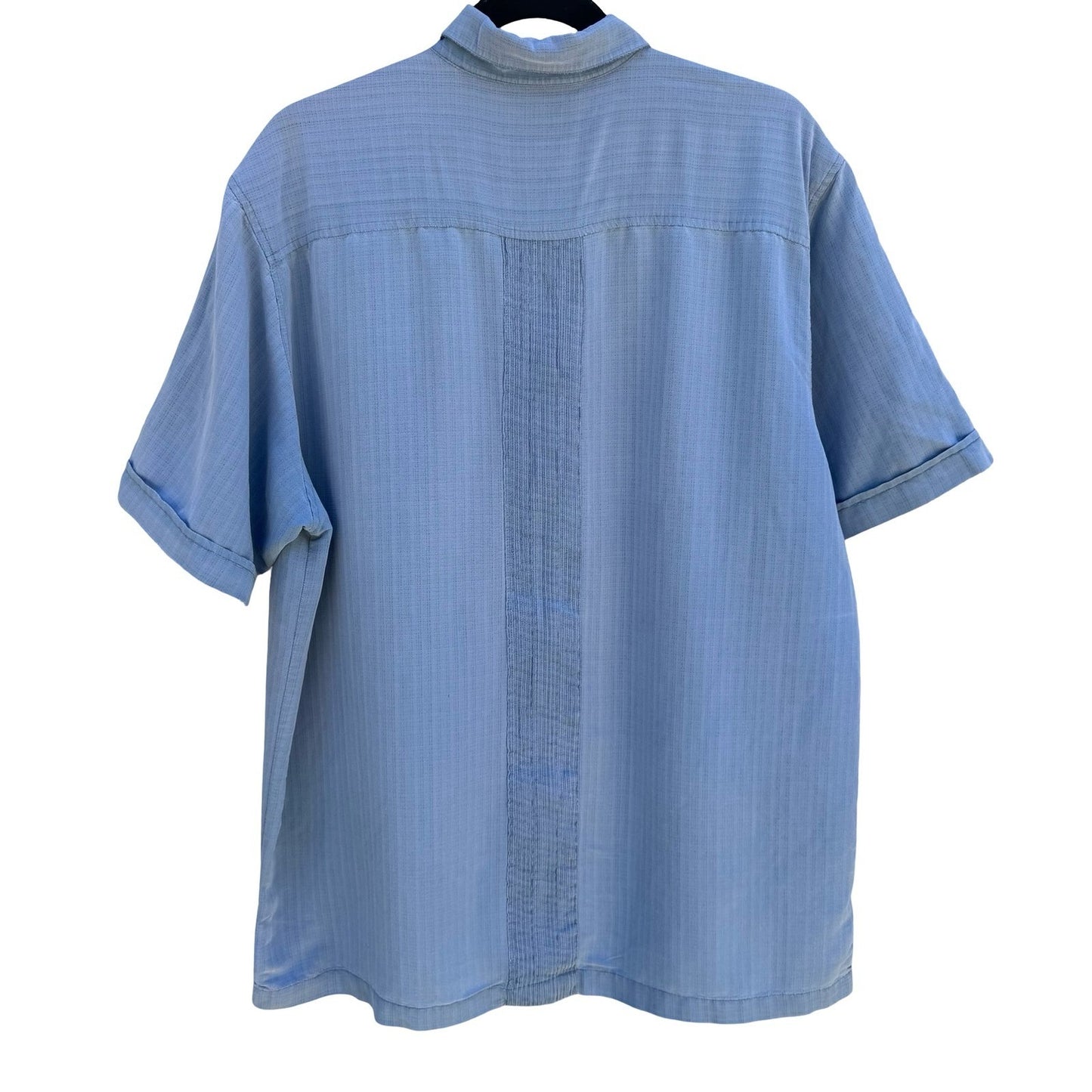 Cubavera Mens L Blue Embroidered Pintuck Guayabera Coastal Camp Shirt Aloha Cuba