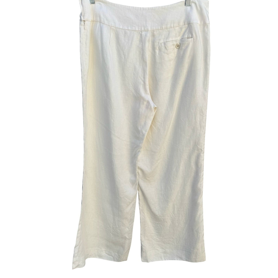 Lauren Ralph Lauren Womens White 100% Linen Wide Leg Trousers Side Zip Size 14