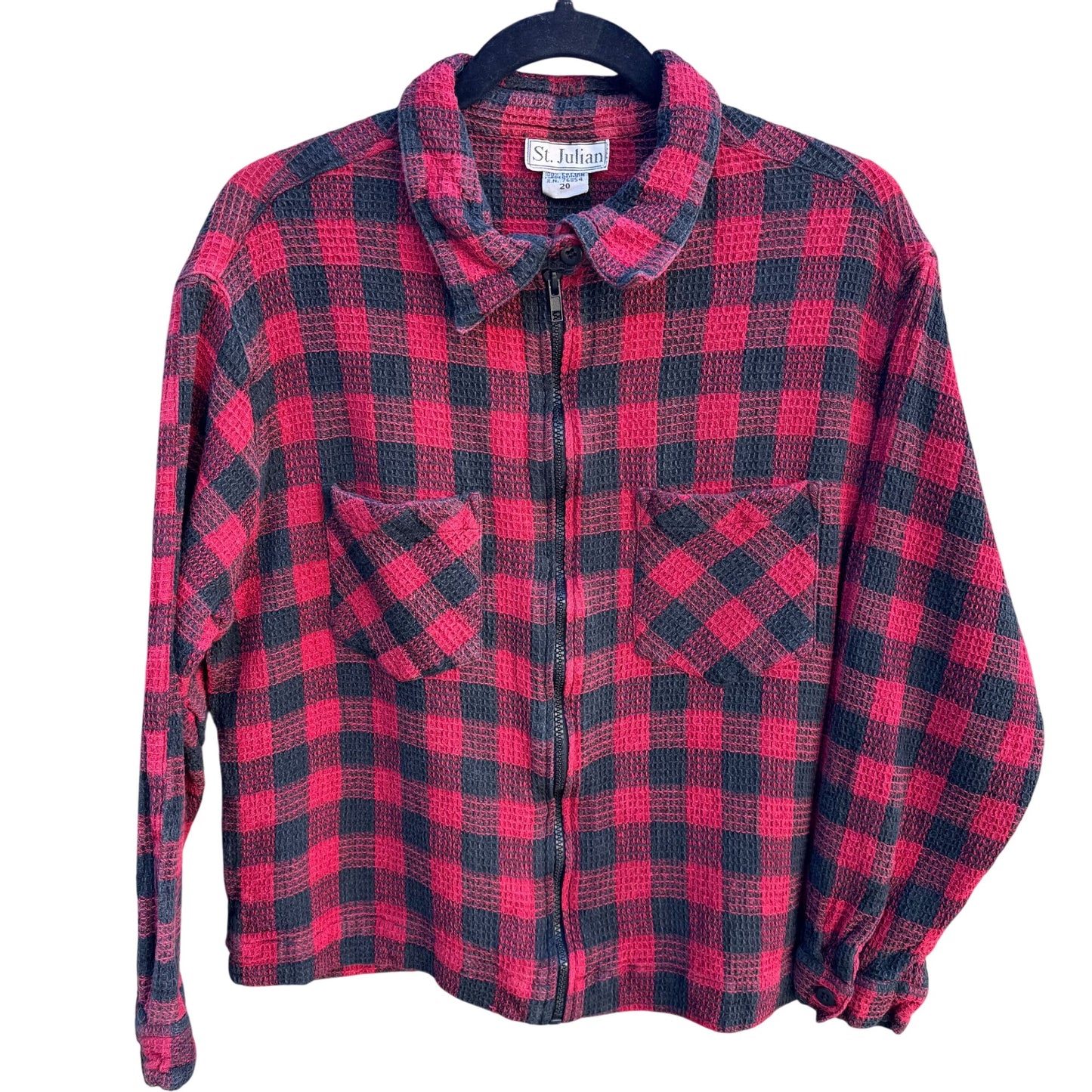 St Julian Vintage Red Black Buffalo Plaid Waffle Knit Cotton Zip Shirt Shacket