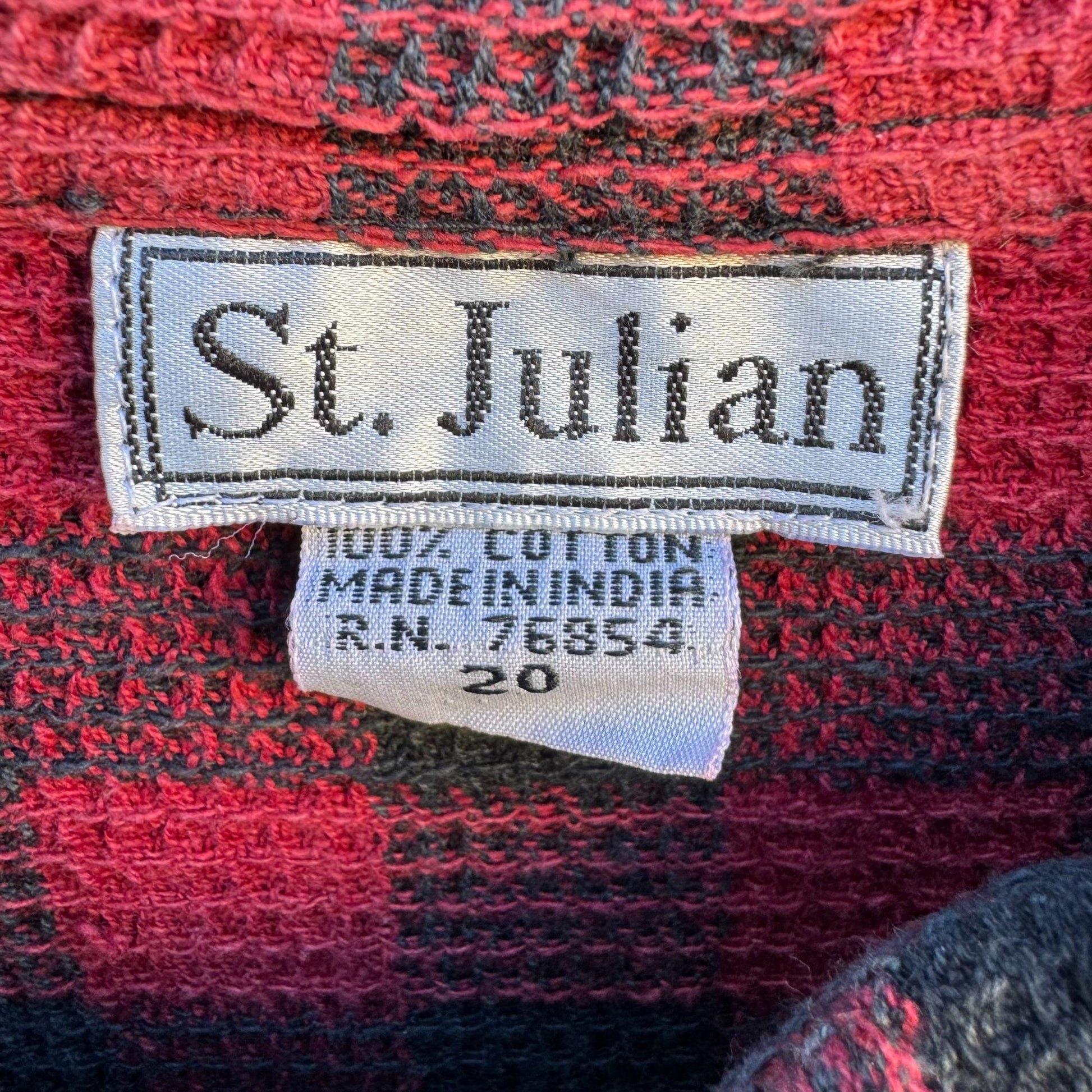 St Julian Vintage Red Black Buffalo Plaid Waffle Knit Cotton Zip Shirt Shacket
