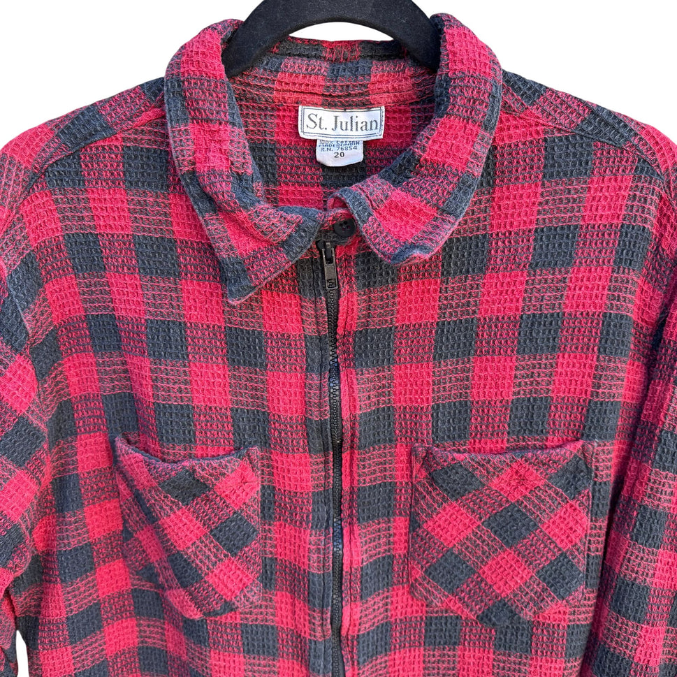 St Julian Vintage Red Black Buffalo Plaid Waffle Knit Cotton Zip Shirt Shacket