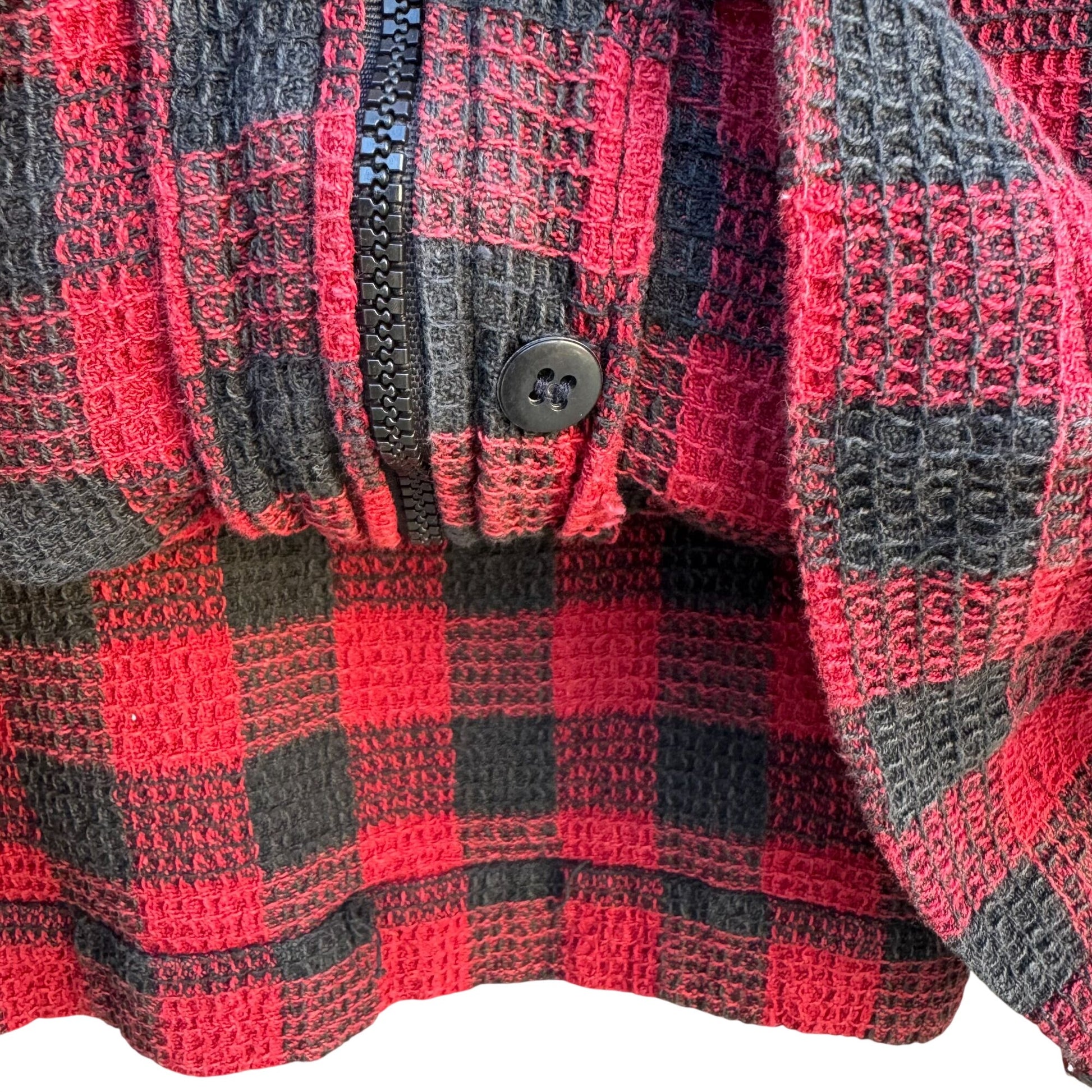 St Julian Vintage Red Black Buffalo Plaid Waffle Knit Cotton Zip Shirt Shacket