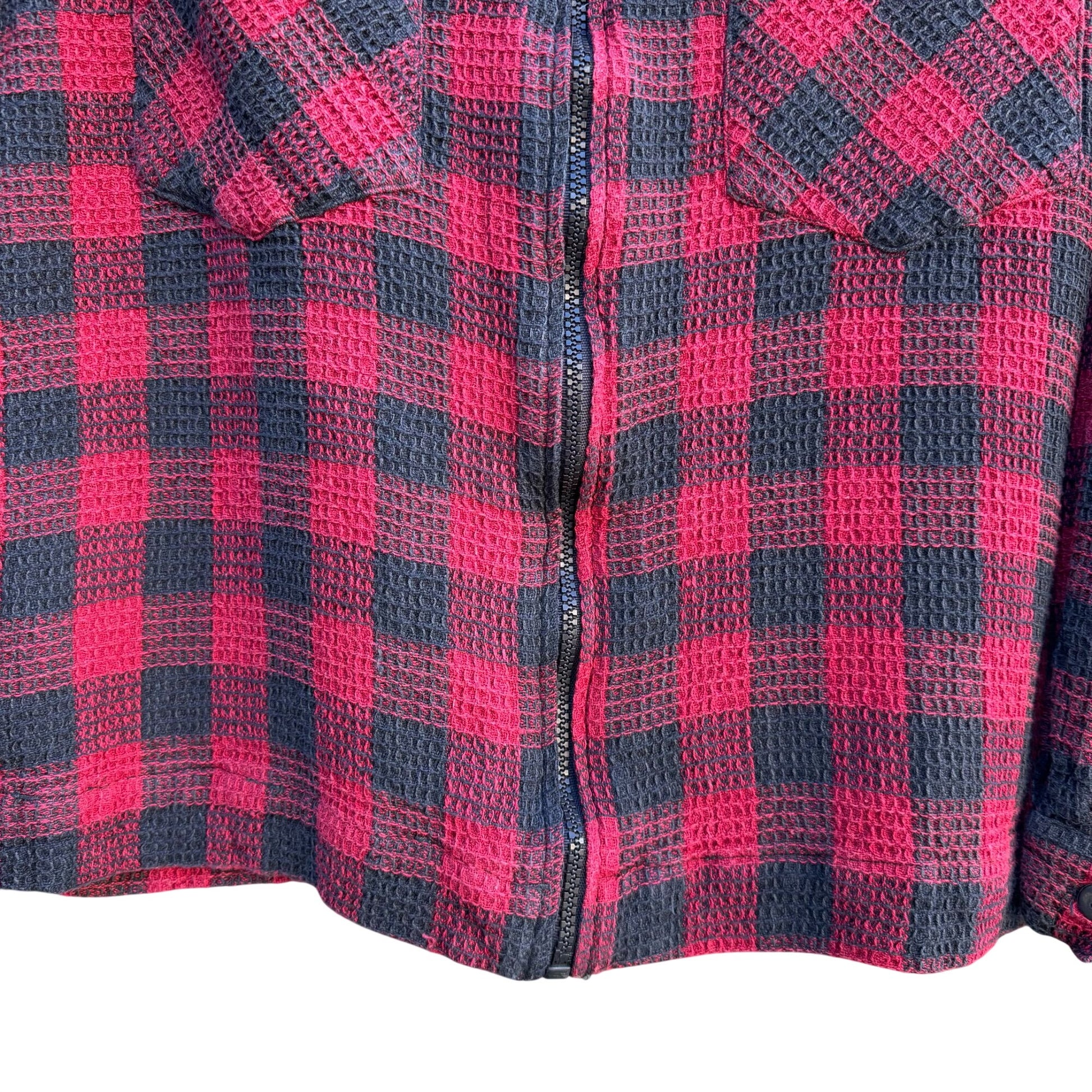 St Julian Vintage Red Black Buffalo Plaid Waffle Knit Cotton Zip Shirt Shacket