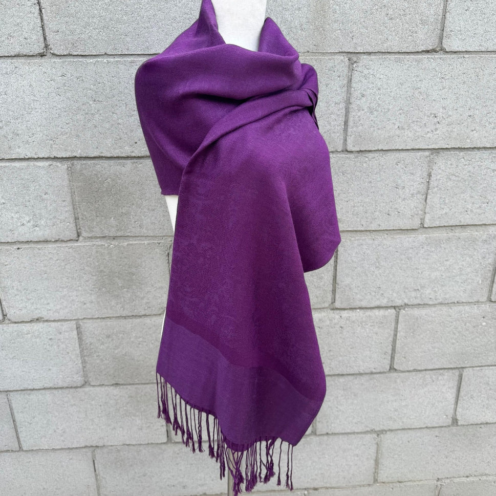 Purple Paisley Jacquard Pashmina Shawl Wrap Fringe Trim Violet Evening Scarf