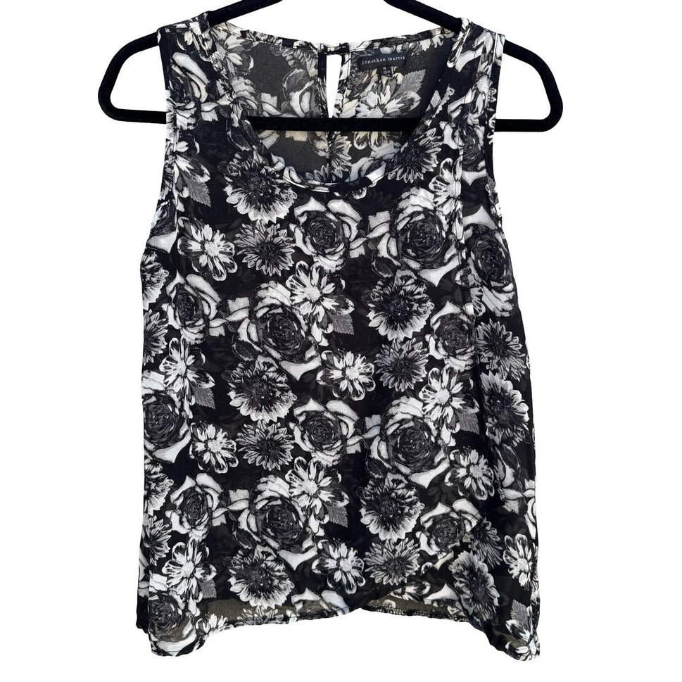 Jonathan Martin Semi Sheer Dark Floral Chiffon Layer Blouse Keyhole Back Black M