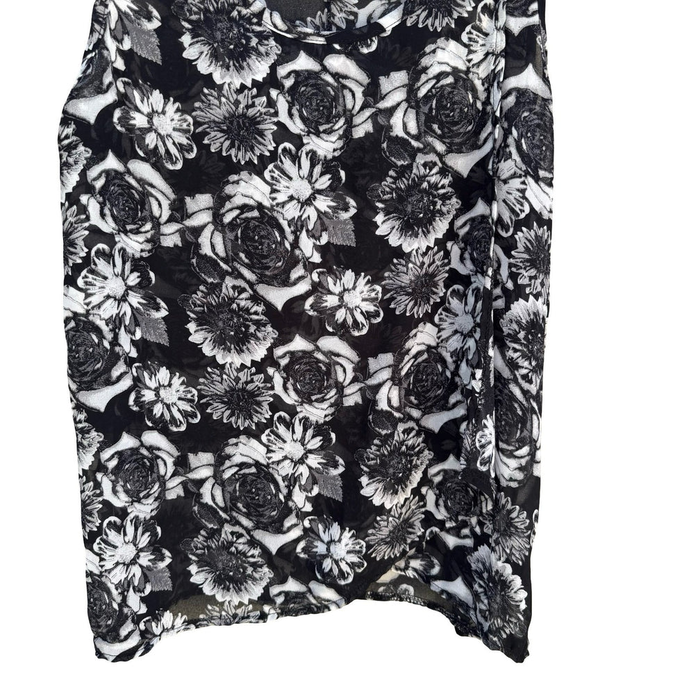 Jonathan Martin Semi Sheer Dark Floral Chiffon Layer Blouse Keyhole Back Black M