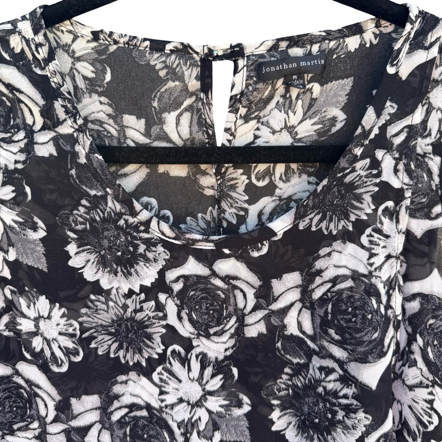 Jonathan Martin Semi Sheer Dark Floral Chiffon Layer Blouse Keyhole Back Black M