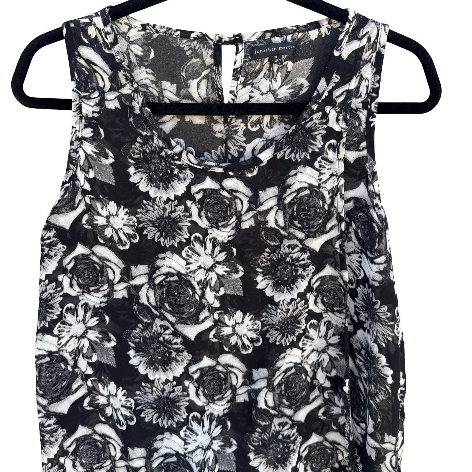 Jonathan Martin Semi Sheer Dark Floral Chiffon Layer Blouse Keyhole Back Black M