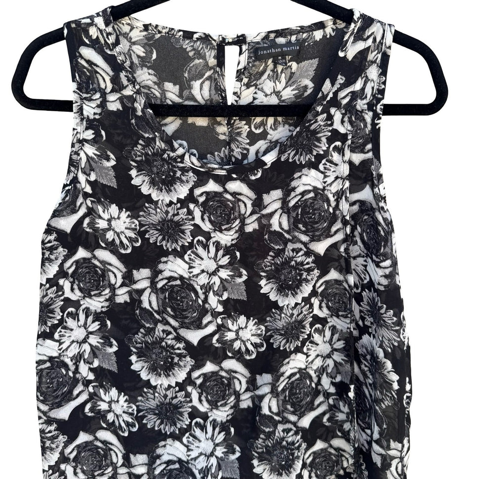 Jonathan Martin Semi Sheer Dark Floral Chiffon Layer Blouse Keyhole Back Black M