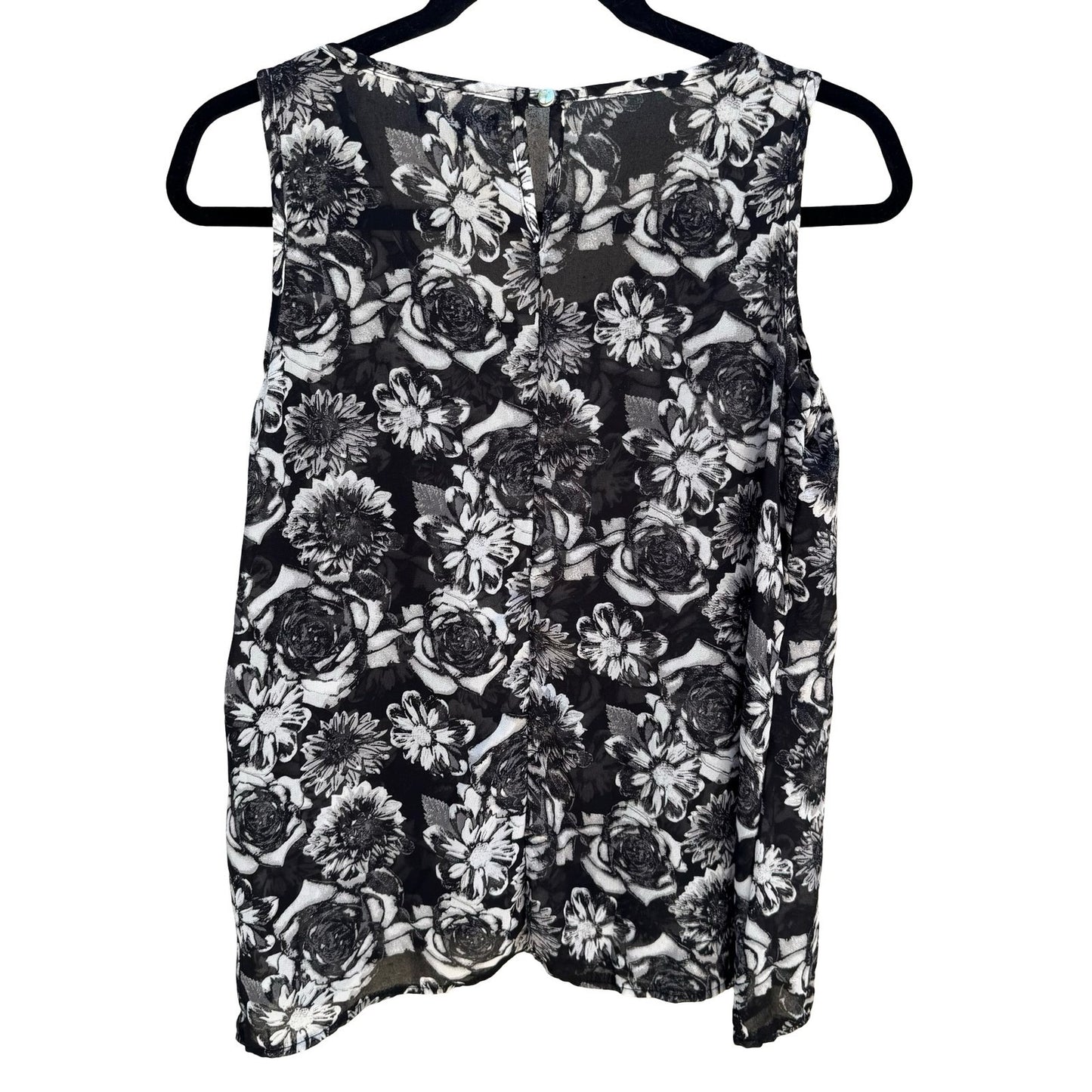 Jonathan Martin Semi Sheer Dark Floral Chiffon Layer Blouse Keyhole Back Black M