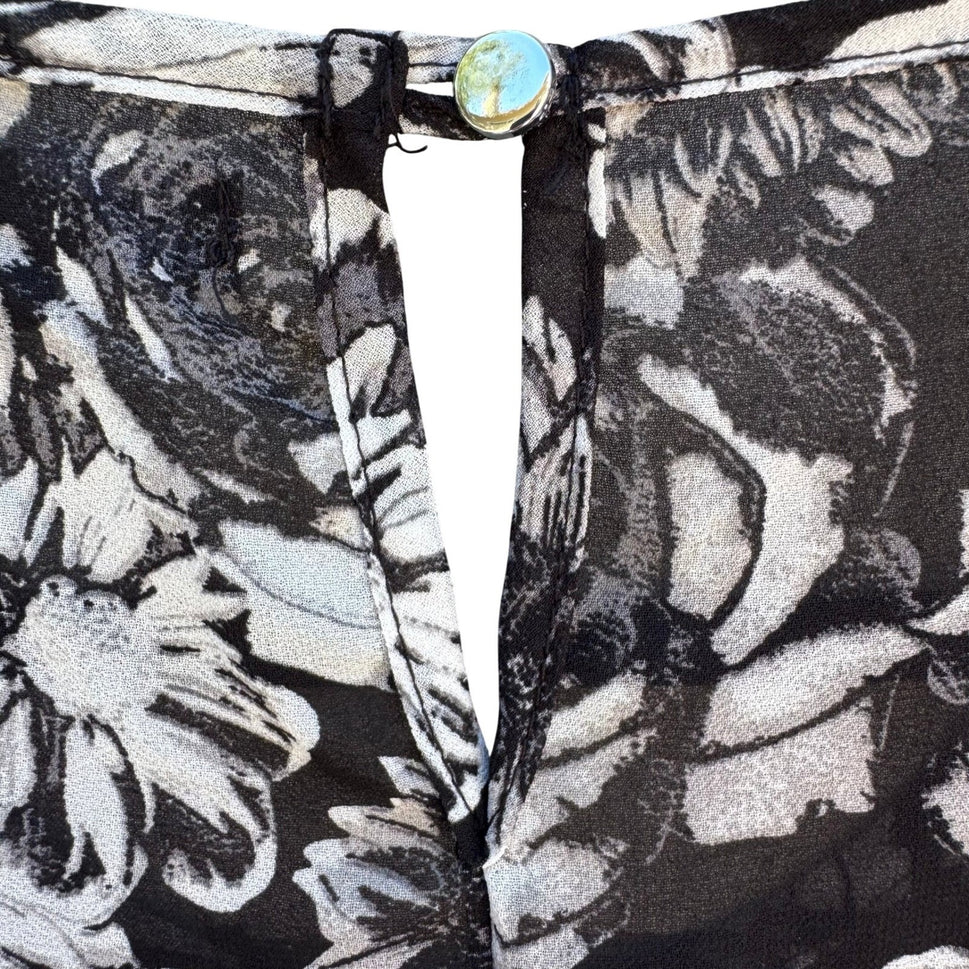 Jonathan Martin Semi Sheer Dark Floral Chiffon Layer Blouse Keyhole Back Black M