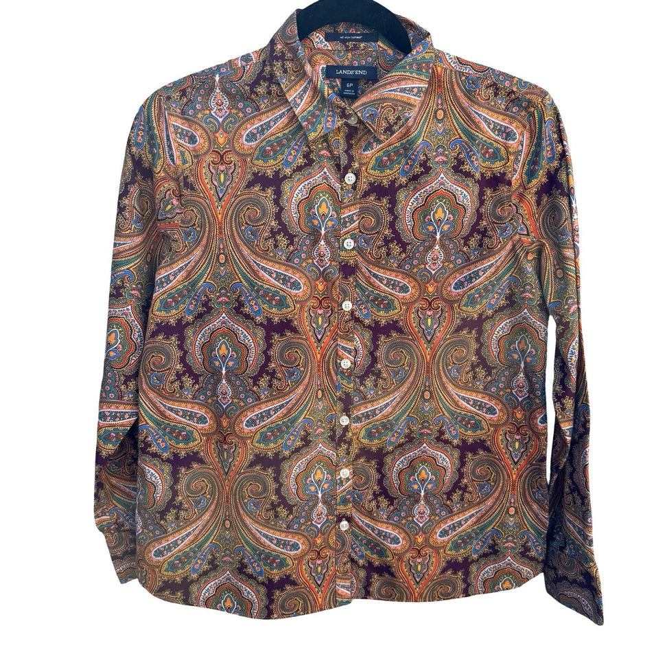 Lands End No Iron Supima Cotton Paisley Button Down Shirt Brown Boho Preppy 6P