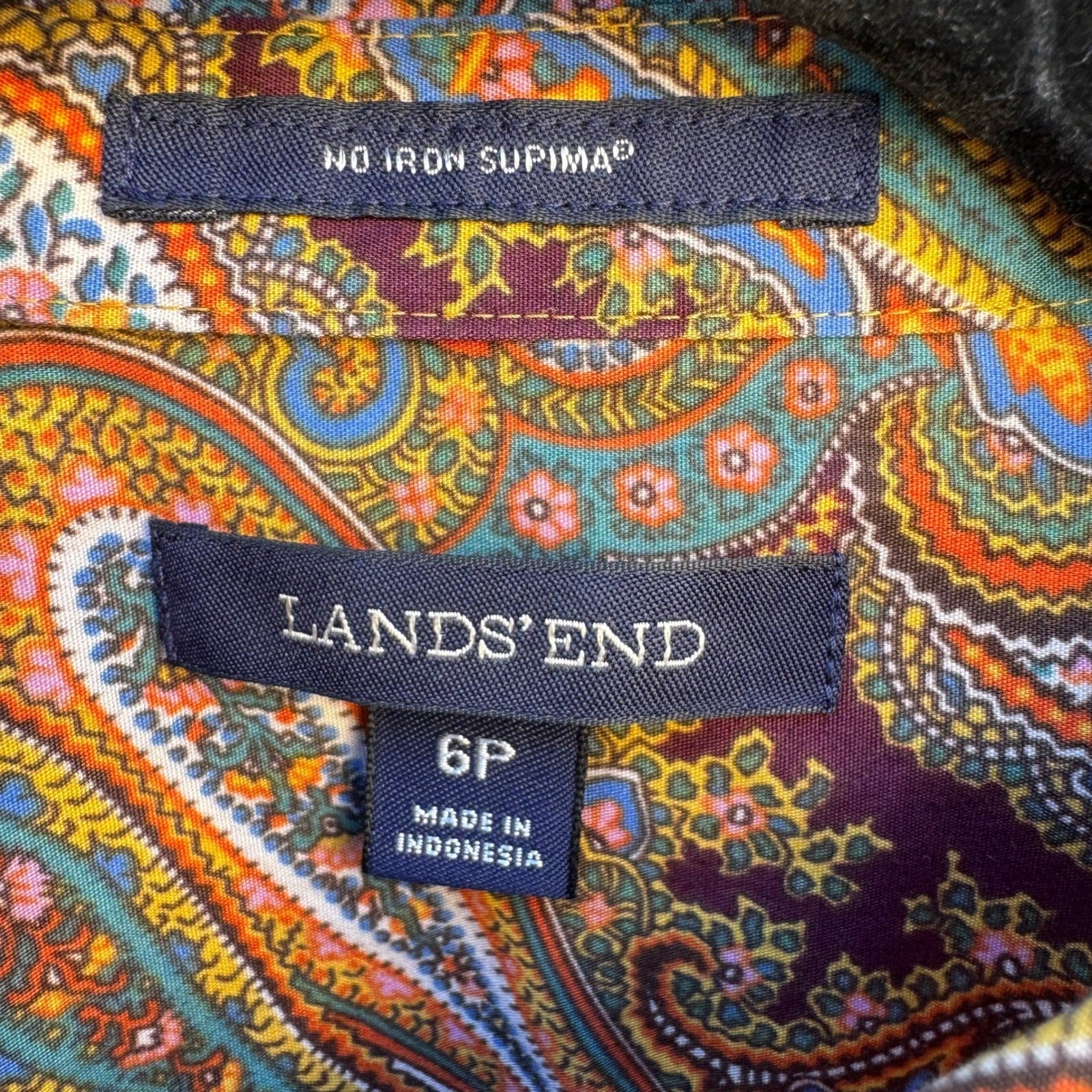 Lands End No Iron Supima Cotton Paisley Button Down Shirt Brown Boho Preppy 6P