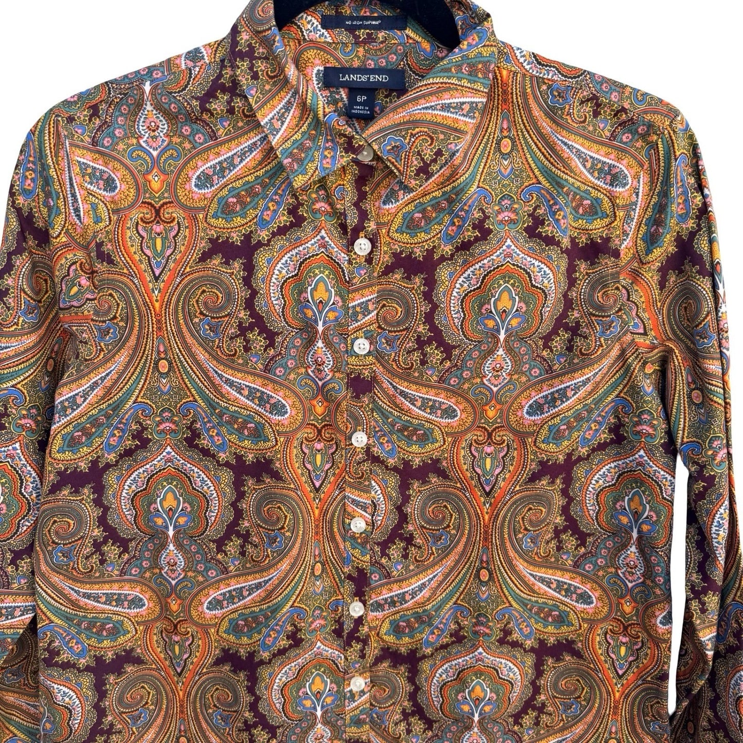 Lands End No Iron Supima Cotton Paisley Button Down Shirt Brown Boho Preppy 6P