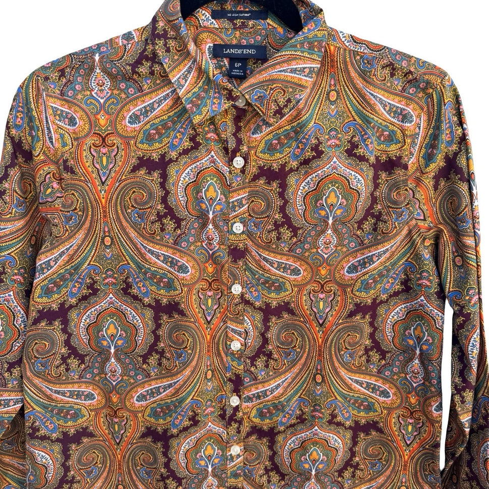 Lands End No Iron Supima Cotton Paisley Button Down Shirt Brown Boho Preppy 6P